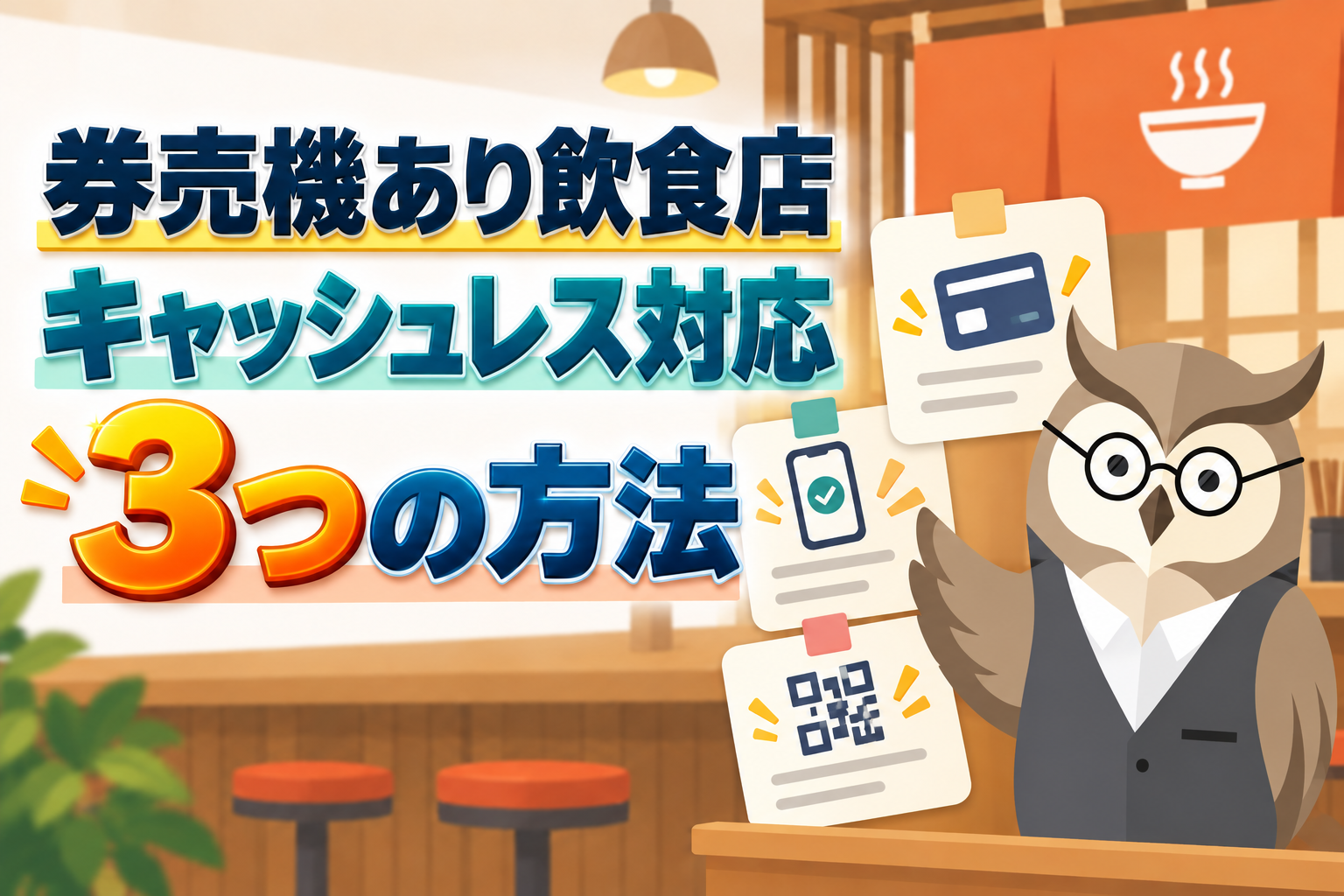 券売機のある飲食店をキャッシュレス化する3つの方法を紹介するペイセンのオリジナルイラスト