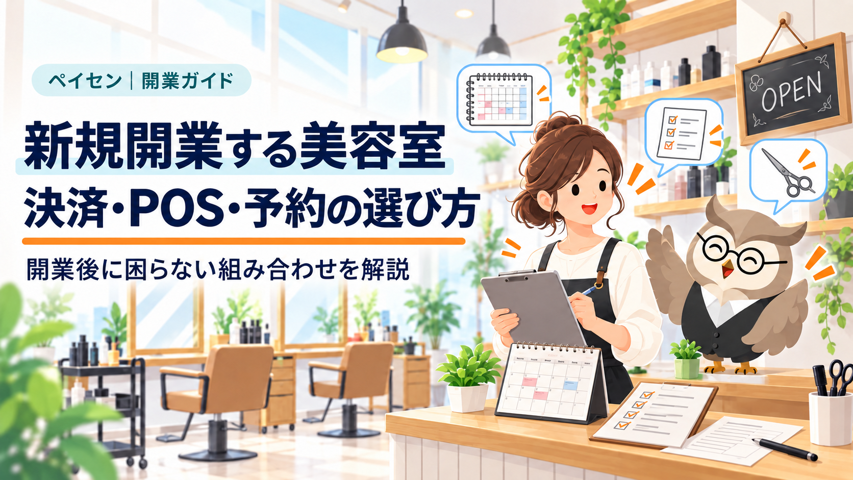 新規開業する美容室の決済準備｜POS・予約・機器の選定手順を紹介するペイセンのオリジナルイラスト